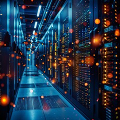 Obraz premium A high-tech data center, with rows of glowing servers Maximizing Operational Efficiencies.