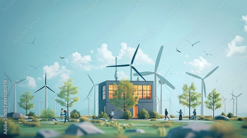 Poster wind turbines are alternative electricity sources, the concept of sustainable resources, people in t