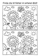 Fehlerbild, 10 Fehler finden, Rätselbild, Rätsel, Ausmalen, Sommer, Frühling, Blumen, Wiese, Natur, Marienkäfer