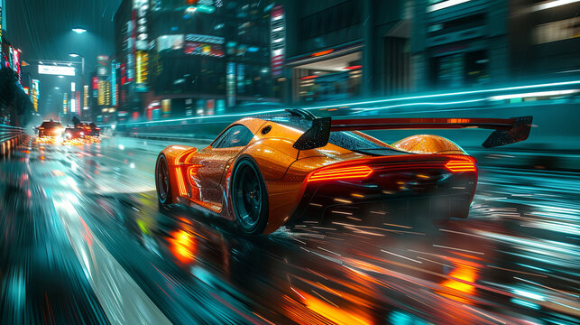 High-Speed Racing Car Blitzing Through Neon-Lit City at Night: A Thrilling Ride in a Hyperrealistic Racing Simulator