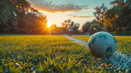 Soccer Player in Morning Training at Sunrise on Grass Field - Powered by Adobe