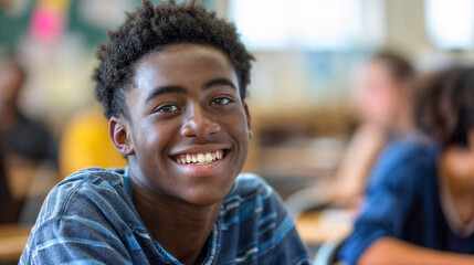 Fototapeta premium Smiling student sitting in class. Education at school and university. Black male student in the audience. Process of learning and education. Teenager in class