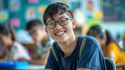 Naklejka premium Smiling student sitting in class. Education at school and university. Asian male student in the audience. Process of learning and education. Teenager in class