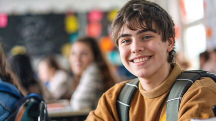 Fototapeta premium Smiling student sitting in class. Education at school and university. Male student in the audience. Process of learning and education. Teenager in class