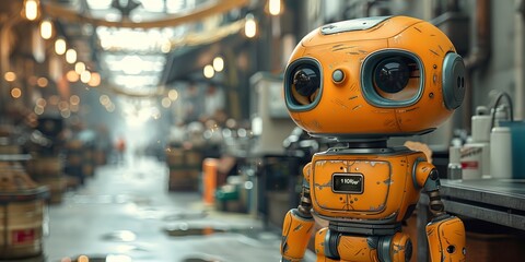 Cute robots animating a quirky toy factory production line, playfully assembling delightfully odd retro-futuristic playthings