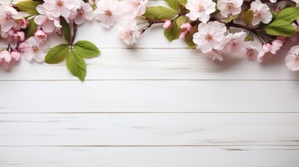 white wooden tabletop with cherry blossoms and green leaves as a frame and free space for text