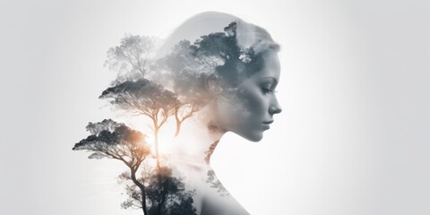 Double exposure of a woman's head with nature in the background.