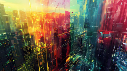 abstract futuristic metropolis cityscape featuring a towering skyscraper, a bustling street, and a serene river flowing through it