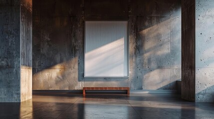 Portray a minimalist museum space with a single, stark frame on a concrete wall, spotlighted for a photographic mockup