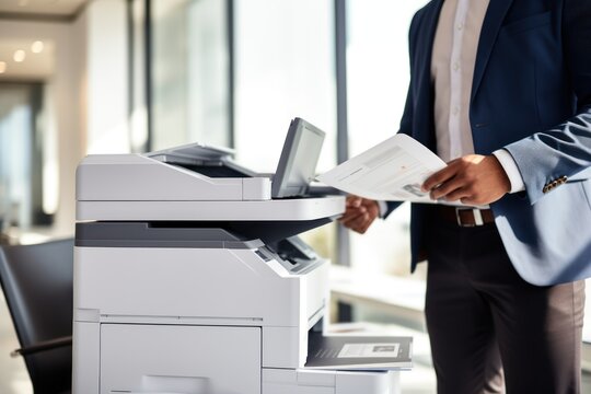 Business man using a copy machine or printer to print documents in the office, close-up
