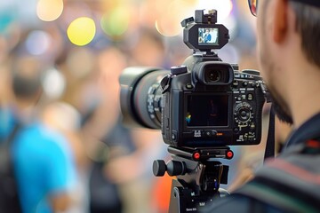 A man confidently holds a camera in front of a captivated crowd.