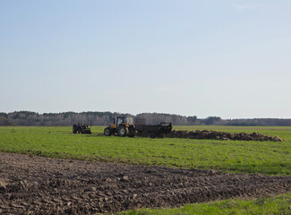 Rozrzucanie obornika traktorem wczesną wiosną © Joanna