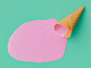 Pink Ice Cream Melted on Green Background with Cone