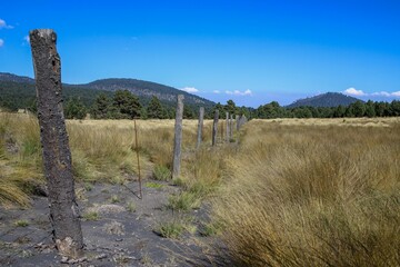 Wood and barbed wire as fence mountains