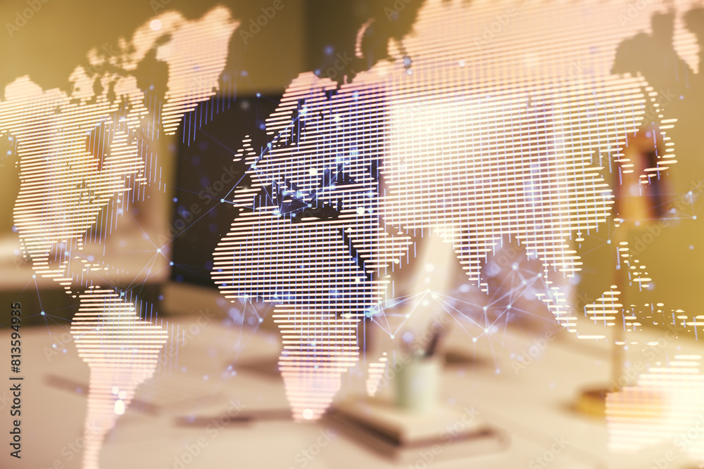 Fototapete double exposure of abstract digital world map on computer background, big data and blockchain concep