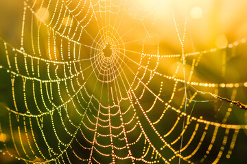A macro shot of morning dew on a spider web, with sunlight filtering through, highlighting the intricacy of nature