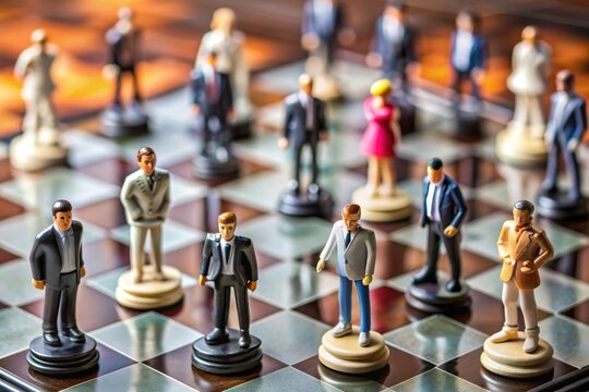Businessman and Businesswoman figures standing on chess board. Business strategy concept