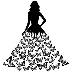 Butterfly Wedding Dress Vector Illustration, Princess Bridal Gown with Floral Details