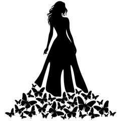 Butterfly Wedding Dress Vector Illustration, Princess Bridal Gown with Floral Details