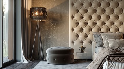 A bedroom with a luxurious upholstered wall panel, a stylish ottoman, and a designer floor lamp