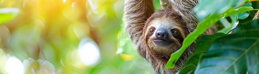 Fototapeta premium An adorable baby sloth hangs upside down from a tree branch, its slow, deliberate movements strangely captivating