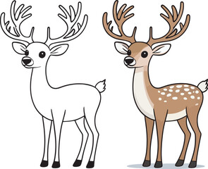 Kawaii deer, cartoon characters, cute lines and colors, coloring pages