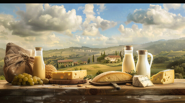 Cheeses and milk on a wooden surface with scanic italy landscape and farm
