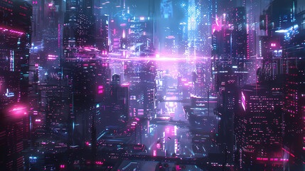 abstract neon cyberpunk cityscape featuring a towering skyscraper, a bustling street, and a bustling river