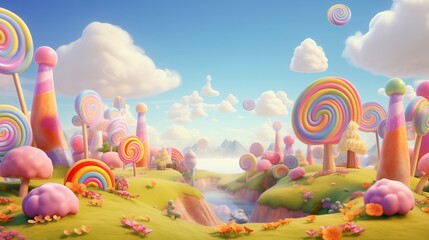 A whimsical pop landscape design with oversized candy sculptures and lollipop trees