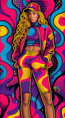a woman in a colorful outfit is standing in front of a colorful background
