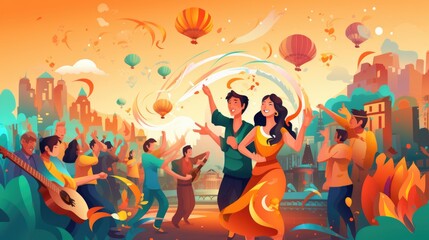 Cultural festival cartoon illustration - Generative AI. People, festival, dance, sing.