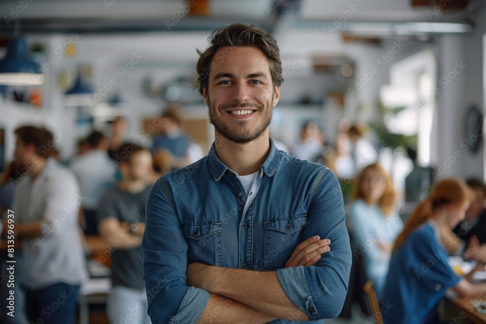 Poster smiling man standing, surrounded by a group of people in the office, casual, programmers and it spec