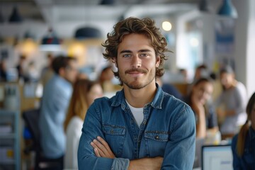 Fototapeta premium Smiling man standing, surrounded by a group of people in the office, casual, programmers and IT specialists. Generative AI.