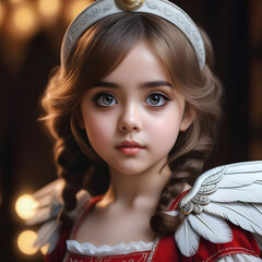 
Portrait of a little girl in a red suit combined with white feathers