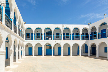 view of historic El Ghriba synagogue in Erriadh, on Djerba island. It is the oldest synagogue in Tunesoa, Djerba