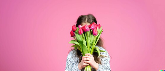 Little cute girl holding a bouquet of pink tulips on the pink background