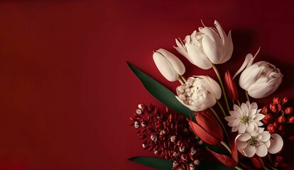 Bouquet of white tulips on the red background