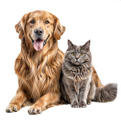 A Golden Retriever dog and a Maine Coon cat together on a isolated background. PNG. 