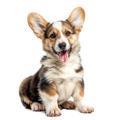 A cute corgi puppy on a isolated background looking at the camera with its tongue out. PNG. 