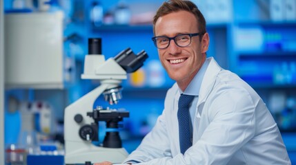 Naklejka na ściany i meble Smiling Scientist with Microscope