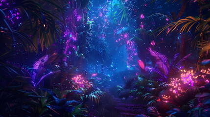 abstract neon jungle nightscape featuring a vibrant purple fish and a lush green tree