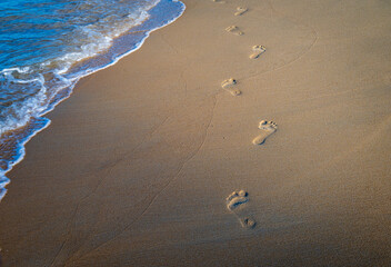 Barefoot footprint trail and gentle waves on sandy beach graphic resource background 