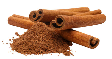 Delicious cinnamon sticks and cinnamon powder, cut out