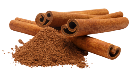 Delicious cinnamon sticks and cinnamon powder, cut out