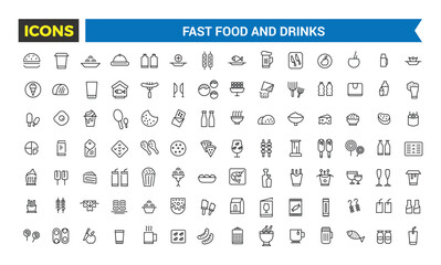 Fast Food And Drinks Line Icons Collection, Bar, Restaurant, Food Icons, Ui Icon Set, Thin Outline Icons Pack, Vector Illustration