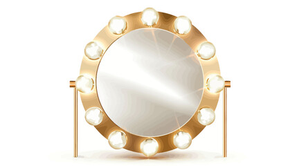 An elegant gold vanity mirror surrounded by vibrant lights, ideal for makeup and beauty treatments.