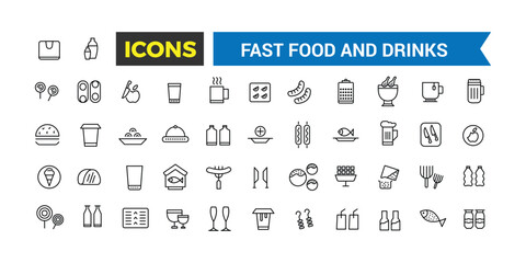 Fast Food And Drinks Line Icons Collection, Bar, Restaurant, Food Icons, Ui Icon Set, Thin Outline Icons Pack, Vector Illustration