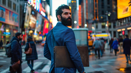 An Arab with a well-groomed beard walking along the sidewalks of Tokyo in an emerald-colored jacket.