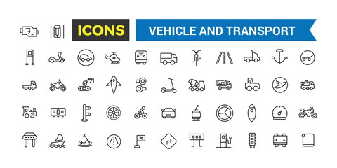 Vehicle And Transport Line Icons Collection, Big Ui Icon Set In A Flat Design, Thin Outline Icons Pack, Vector Illustration