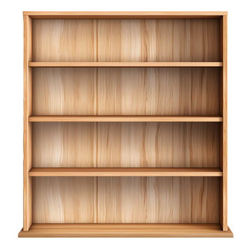The photo shows an empty wooden bookshelf isolated on a transparent background. The bookshelf has four shelves and is made of light brown wood.